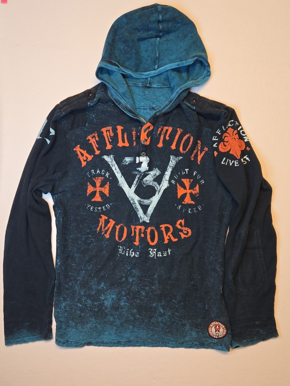 Affliction Blue Washed Hooded Graphic Sweatshirt with Orange & White Logo Y2K